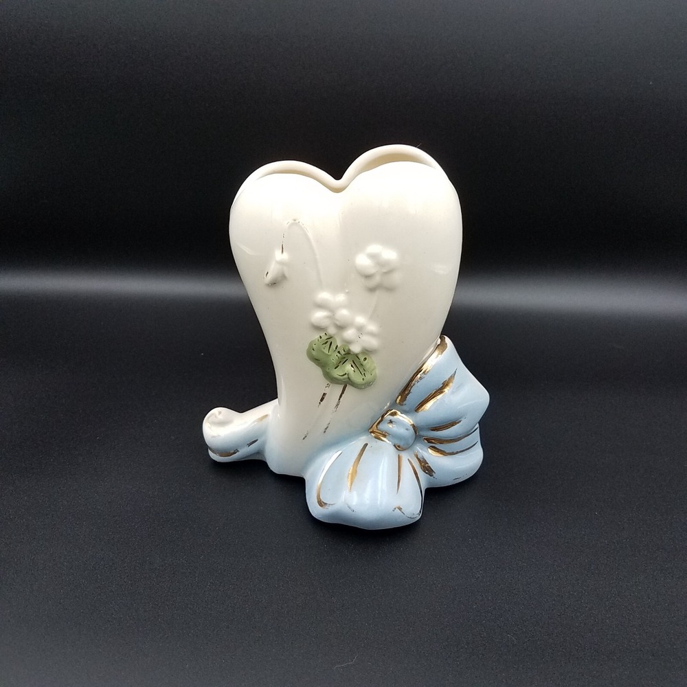 Vtg Ceramic Heart Planter Vase Green Bow / Lilly of the Valley Gold Trim 5.5"H